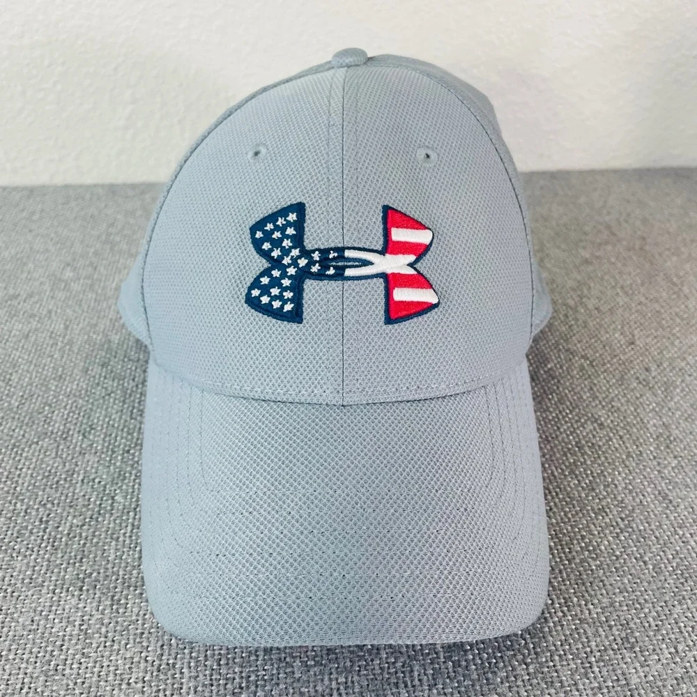 Under Armour UA Classic Fit Hat L/XL Gray Patriotic Flag Logo Stretch Cap Mens